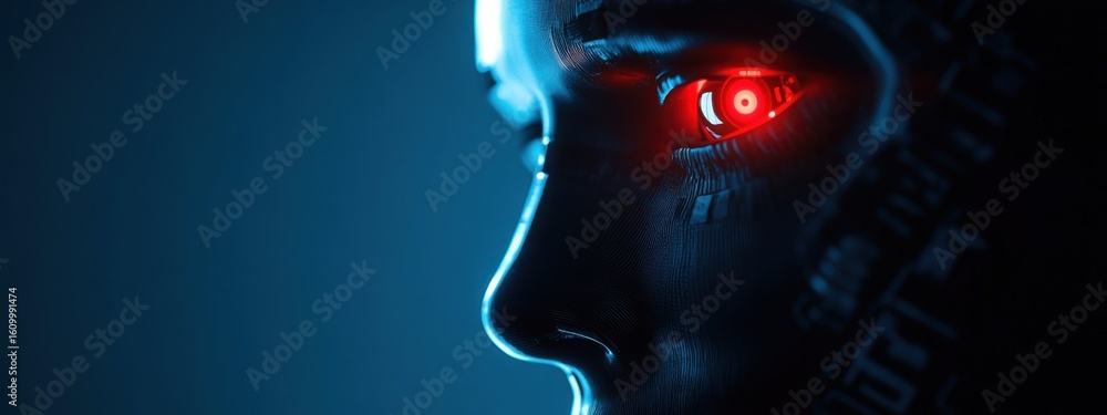 Poster futuristic robot close-up with glowing red eye and digital features
