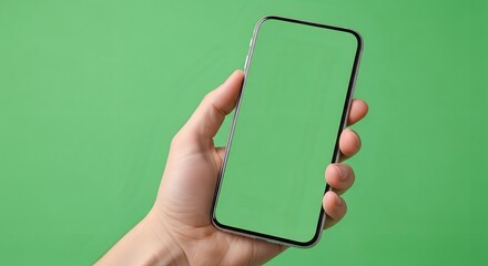 Hand Holding Smartphone with Green Screen Display Against Green Background