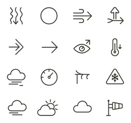 Weather icons set depicting temperature, wind, clouds, and sun symbols