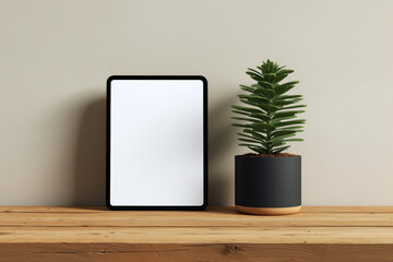 Blank digital tablet mockup with black frame next to green potted plant on wooden desk against beige wall