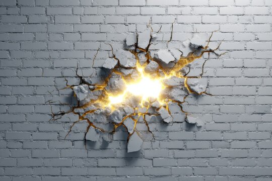 Shattered brick wall with glowing light coming through crack, resilience and breakthrough theme