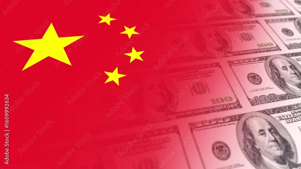 Poster chinese flag with slight wind movement and dollars moving horizontally in the concept of internation