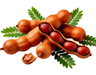 fresh tamarind pods with leaves and a seed isolated on transparent bac png