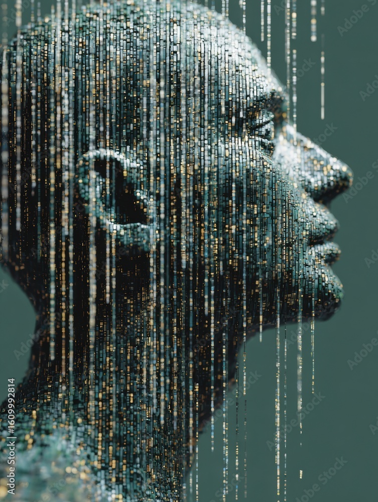 Poster digital head surrounded by cascading code evokes a futuristic atmosphere with a clean upper zone hig
