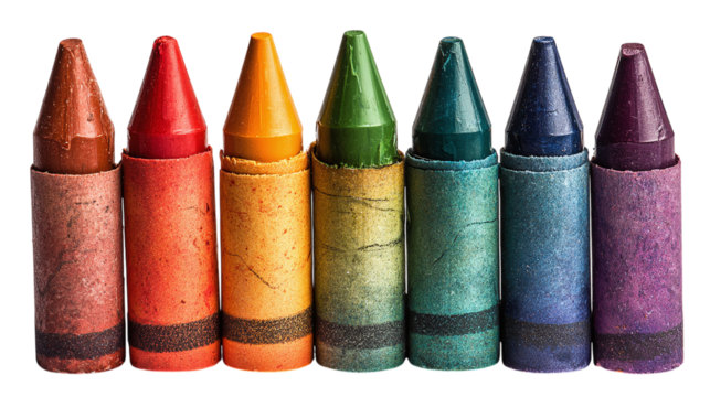 Crayons in rainbow order with slight tilt and sketch marks isolated on transparent background 