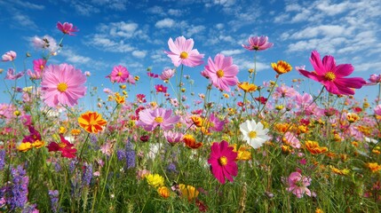 Vibrant wildflowers in a field under a partly cloudy sky.  A profusion of cosmos and other colorful blooms fill the image, rising against a clear blue sky 