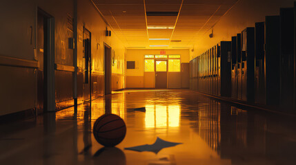 A school hallway with lockers and an exit door illuminated by golden light and a basketball on the floor