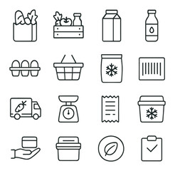 Grocery and food icon set featuring shopping cart, produce, dairy, and delivery truck