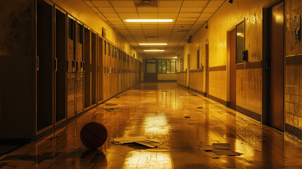 A long school hallway with lockers and a basketball on the floor in a dimly lit yellow scene