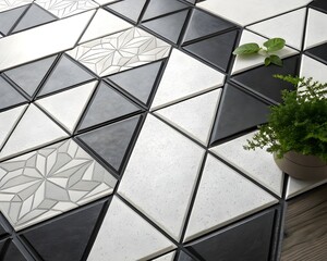 Minimalist Black-and-White Shattered Glass Pattern Tiles with Uneven Polygon Shapes and Ultra-Matte Finish for Modern Interiors
