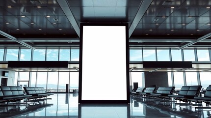 Empty Airport Terminal with Large Vertical Blank Billboard Display and Rows of Waiting Seats