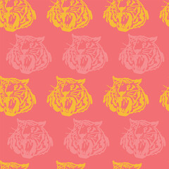 Playful hand drawn seamless pattern with stylized roaring tiger faces in a vibrant yellow and soft pink against a coral background. Modern, bold, and energetic, ideal for fashion, kids' products