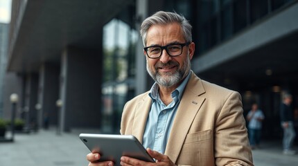 Businessman Using Tablet Outdoors in Modern Urban Setting