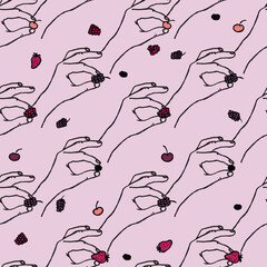 Hand drawn brush line seamless hands pattern, cute berries picker in soft pink background. Whimsical and feminine, perfect for food packaging, stationery, and lifestyle branding.
