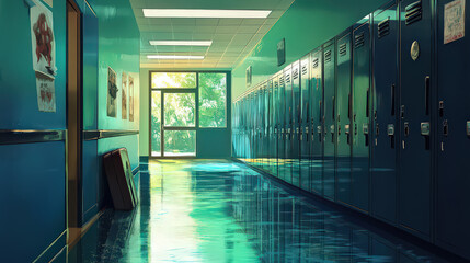 A school hallway with lockers and a window at the end of the hall with light shining through it