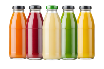 Vibrant array of healthy juices in clear glass bottles, offering a refreshing and nutritious beverage selection for a healthy lifestyle.