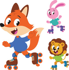 Cartoon animals roller skating, happy fox rabbit lion, playful outdoor activity, colorful kids illustration, fun movement, joyful character art