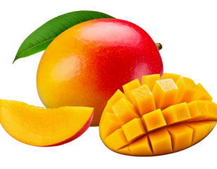 Ai generated image of ripe mango with a slice and cubed pieces isolated on transparent backg png