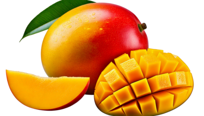 Ai generated image of ripe mango with a slice and cubed pieces isolated on transparent backg png