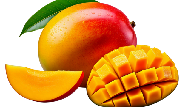 Ai generated image of ripe mango with a slice and cubed pieces isolated on transparent backg png