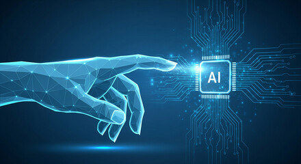 Futuristic ai hand touching glowing chip with artificial intelligence symbol