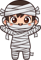 Cartoon mummy character with adorable expression, wrapped in bandages, cute Halloween costume, child-friendly spooky illustration, fun festive vector art