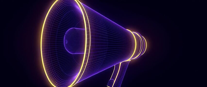 Anamorphic video 3D rendering of megaphone icon neon light sound icon, audio, speaker