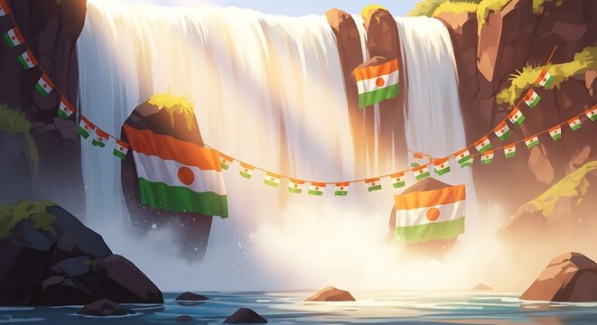 Niger's Independence Day: Waterfall Decorated with National Flags, Celebration. - Powered by Adobe