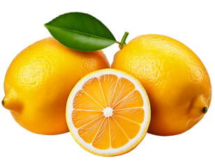 Ai generated image of two lemons and a slice isolated on transparent background png