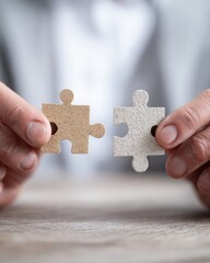 Person holding two puzzle pieces with different patterns trying to fit them together.