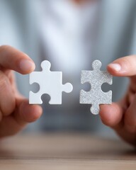 Person holding two puzzle pieces with different patterns trying to fit them together.