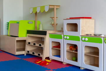 Wooden Toy Kitchen and Play Store in Preschool or Home Playroom