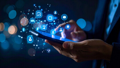 Person Interacting with Smartphone and Futuristic Digital Interface