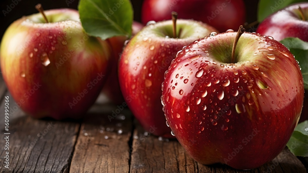 Poster fresh red apples with water droplets, presented on a wooden surface, create an appetizing and visual