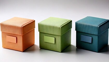 Trio of Small Textured Boxes with Color Coded Labels on Muted Background White Background 