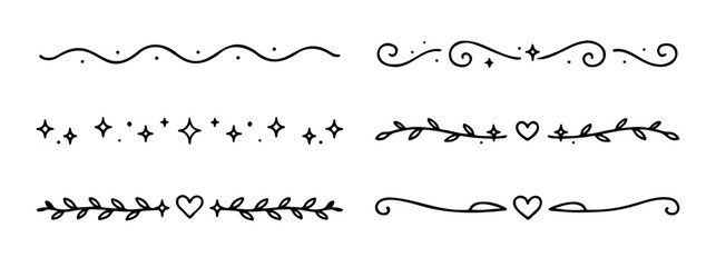 Hand Drawn Decorative Divider Lines with Hearts, Leaves, Swirls and Sparkles