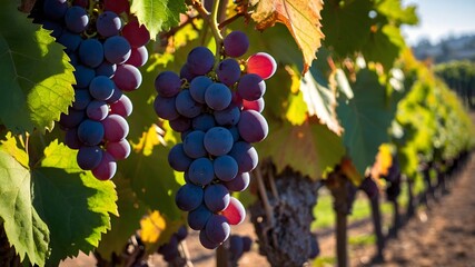 Fototapeta premium close-up of grapes growing on a vine, with a vineyard in the background