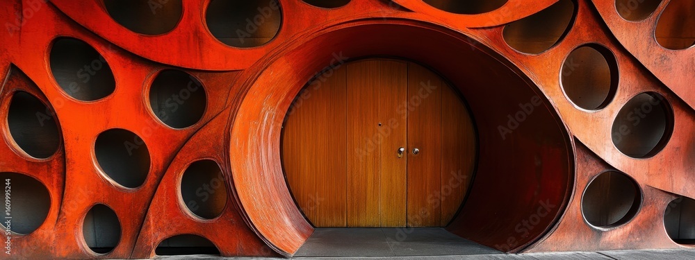 Poster unique architectural design with circular elements and vibrant colors