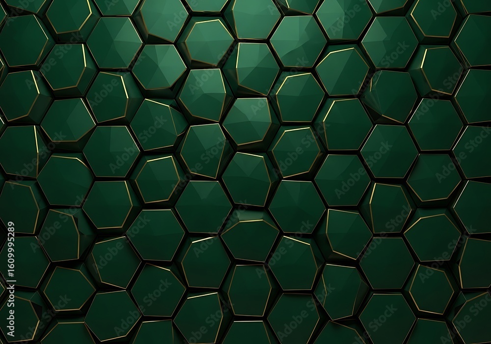 Poster emerald green hexagonal pattern with subtle golden accents for modern designs