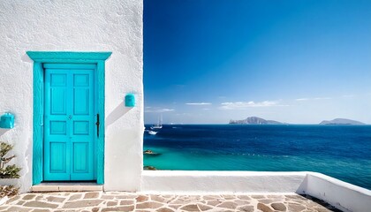 urquoise Door Whitewashed Building Ocean View_white background