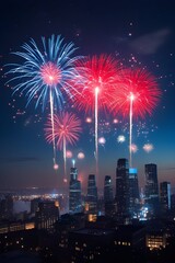 AI Generative. Spectacular Fireworks Display Over City Skyline at Night. 26