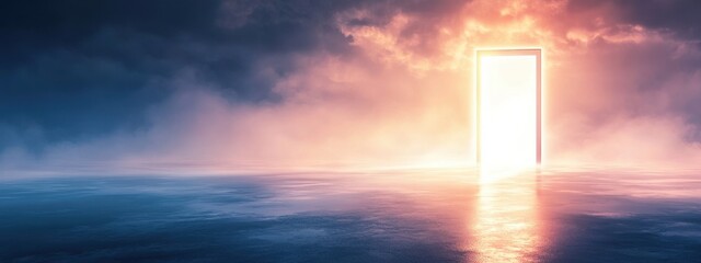 Enigmatic Open Door Under Dramatic Sky with Reflections and Light