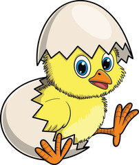 Cute cartoon baby chick hatching from egg, yellow fluffy bird emerging, big blue eyes, adorable illustration, perfect for children’s content