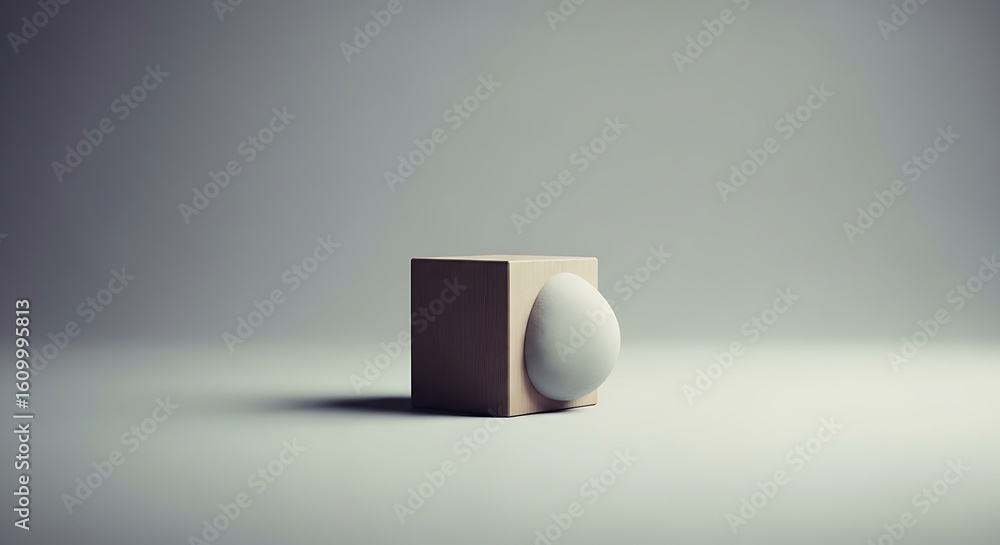 Aufkleber minimalist still life featuring an egg and a cube with a muted color palette and a soft lighting