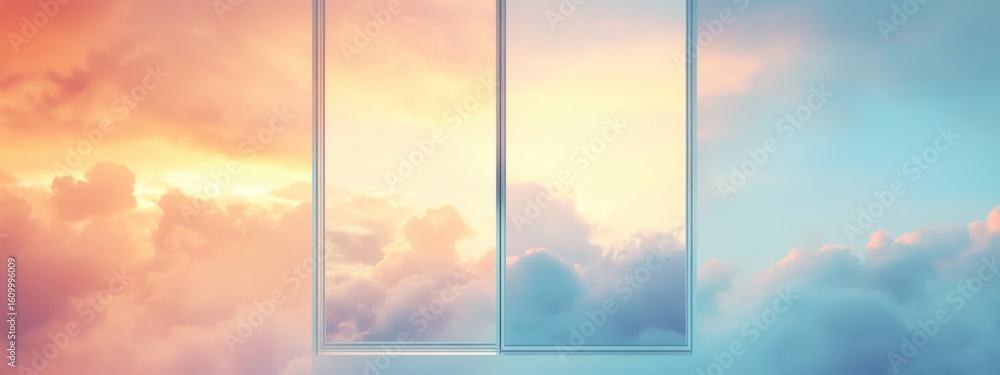 Poster bright sky through open window with soft clouds and pastel colors