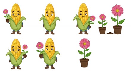 Cartoon corn characters caring for flowers