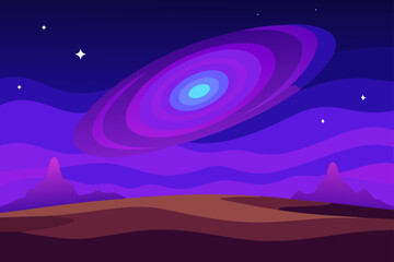 Fototapeta premium Alien planet landscape with swirling nebula and distant mountains