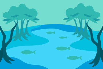 Fototapeta premium Stylized river scene with fish and trees