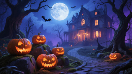Fototapeta premium A carved pumpkins with glowing orange eyes and jagged smiles sit perched on moss-covered rocks, their expressions ranging from mischievous to sinister. Halloween, Halloween Costumes