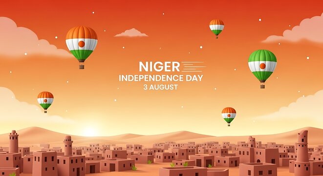 Niger Independence Day: Hot Air Balloons Soar Over Desert Cityscape at Sunrise - Powered by Adobe